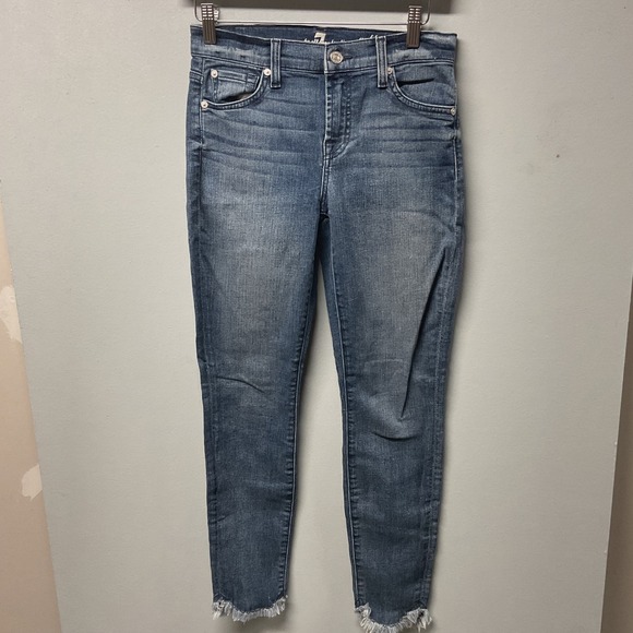 7 For All Mankind Ankle Skinny Jeans Frayed Hem Blue Denim Size 25 - Picture 2 of 7